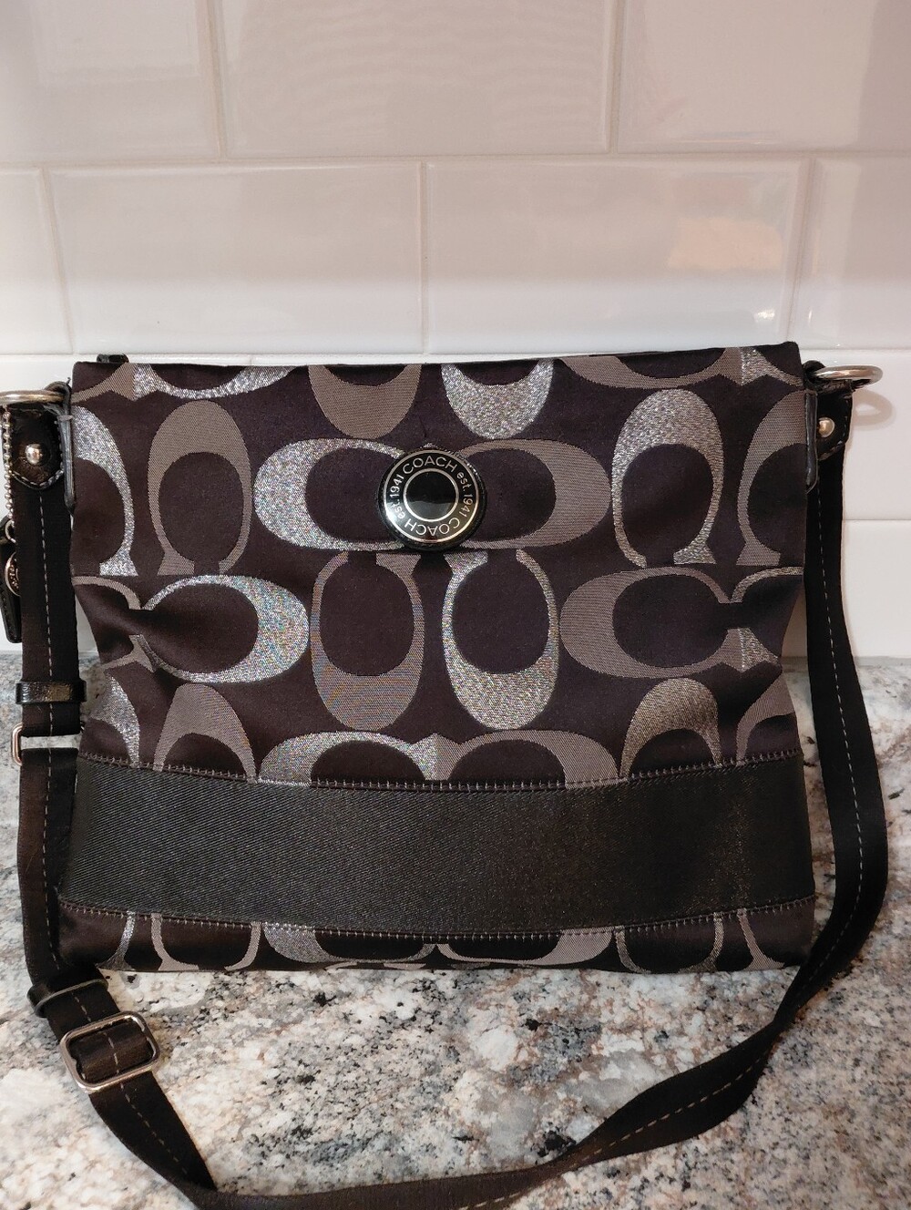 Coach Signature Black Silver Stripe Crossbody Bag Purse